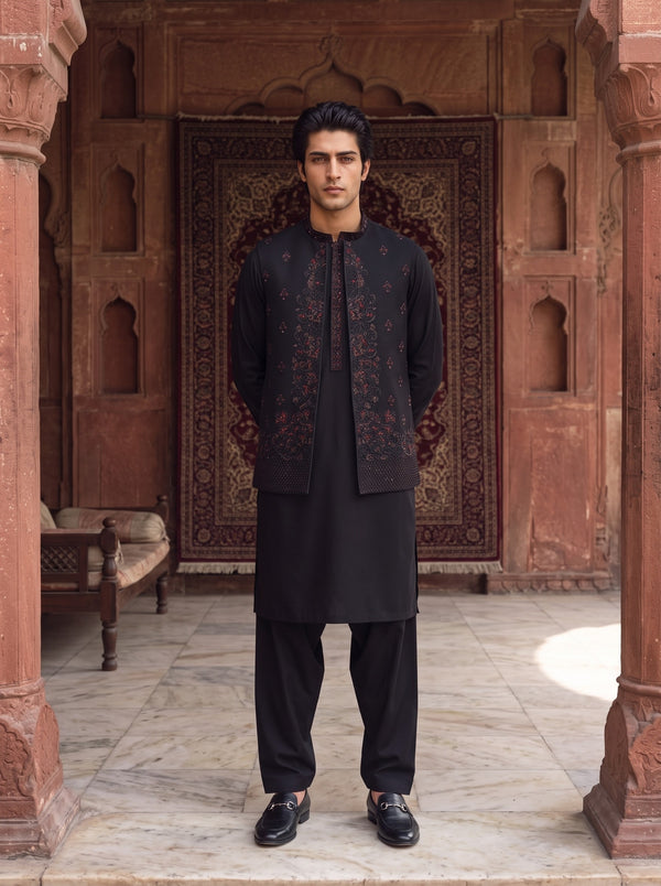 Charcoal Black Kameez Shalwar with Embroidered Waist Coat