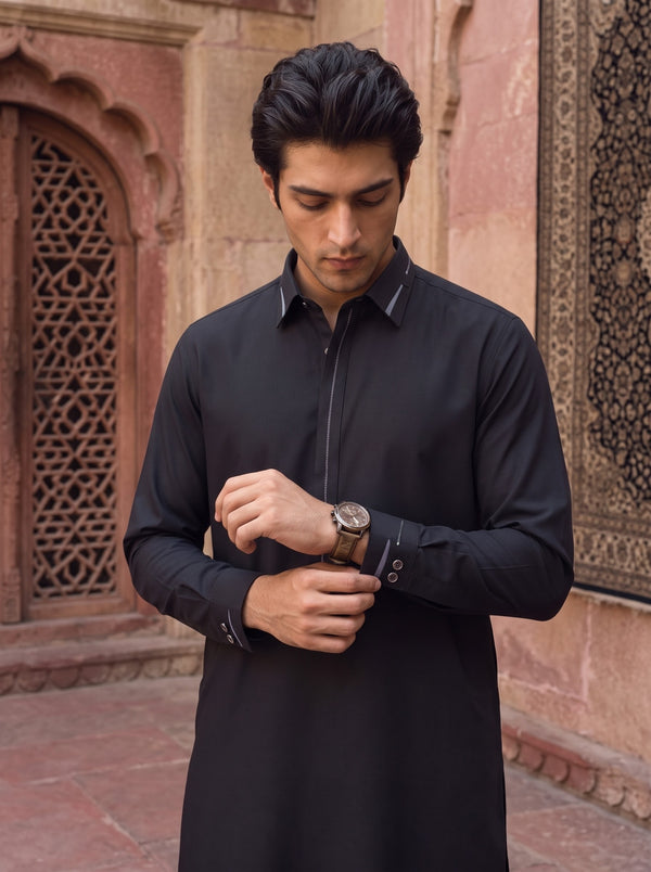 Black Wash and Wear Kameez Shalwar