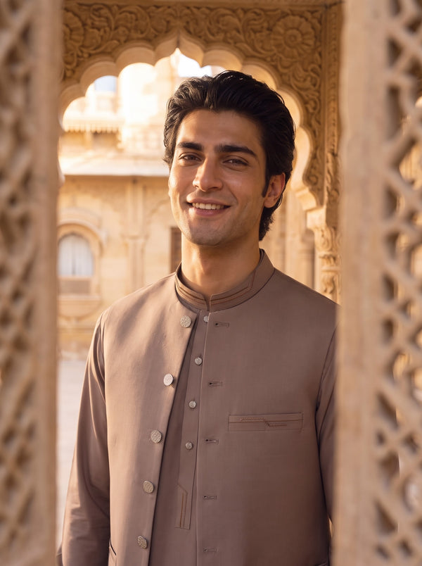 Taupe Brown Kameez Shalwar with Waist Coat