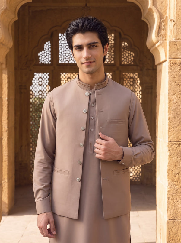 Taupe Brown Kameez Shalwar with Waist Coat