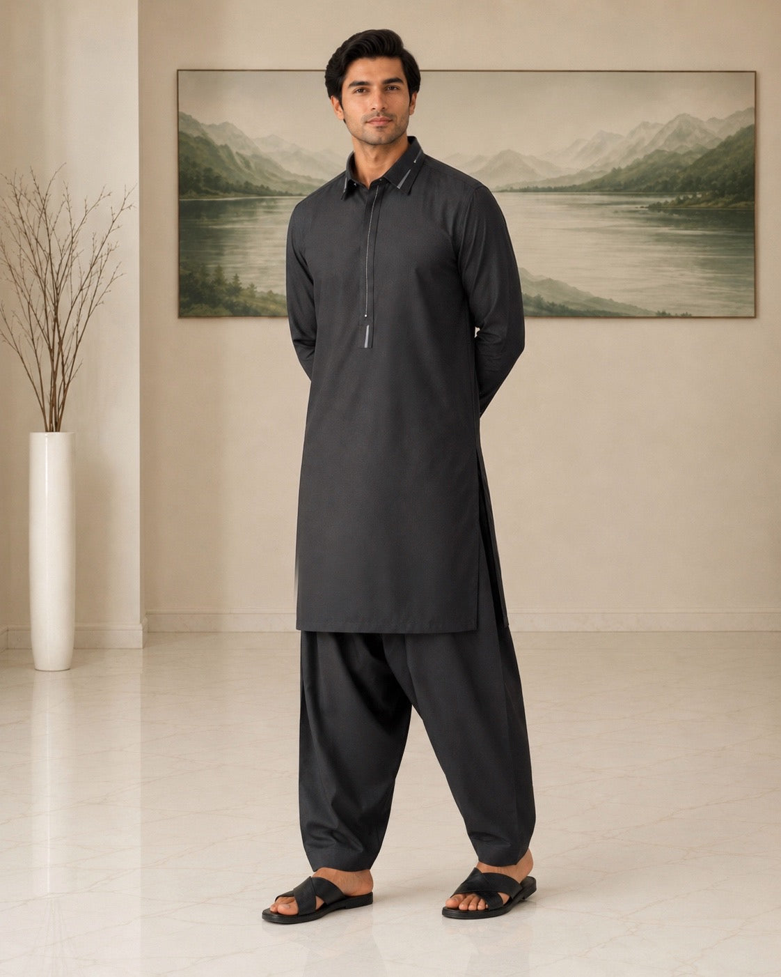 Black Wash and Wear Kameez Shalwar