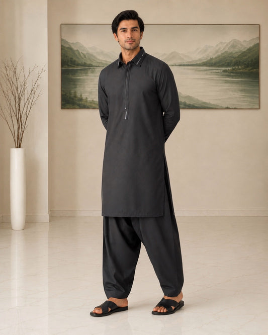 Black Wash and Wear Kameez Shalwar