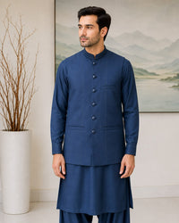 Royal Blue Kameez Shalwar with Waist Coat