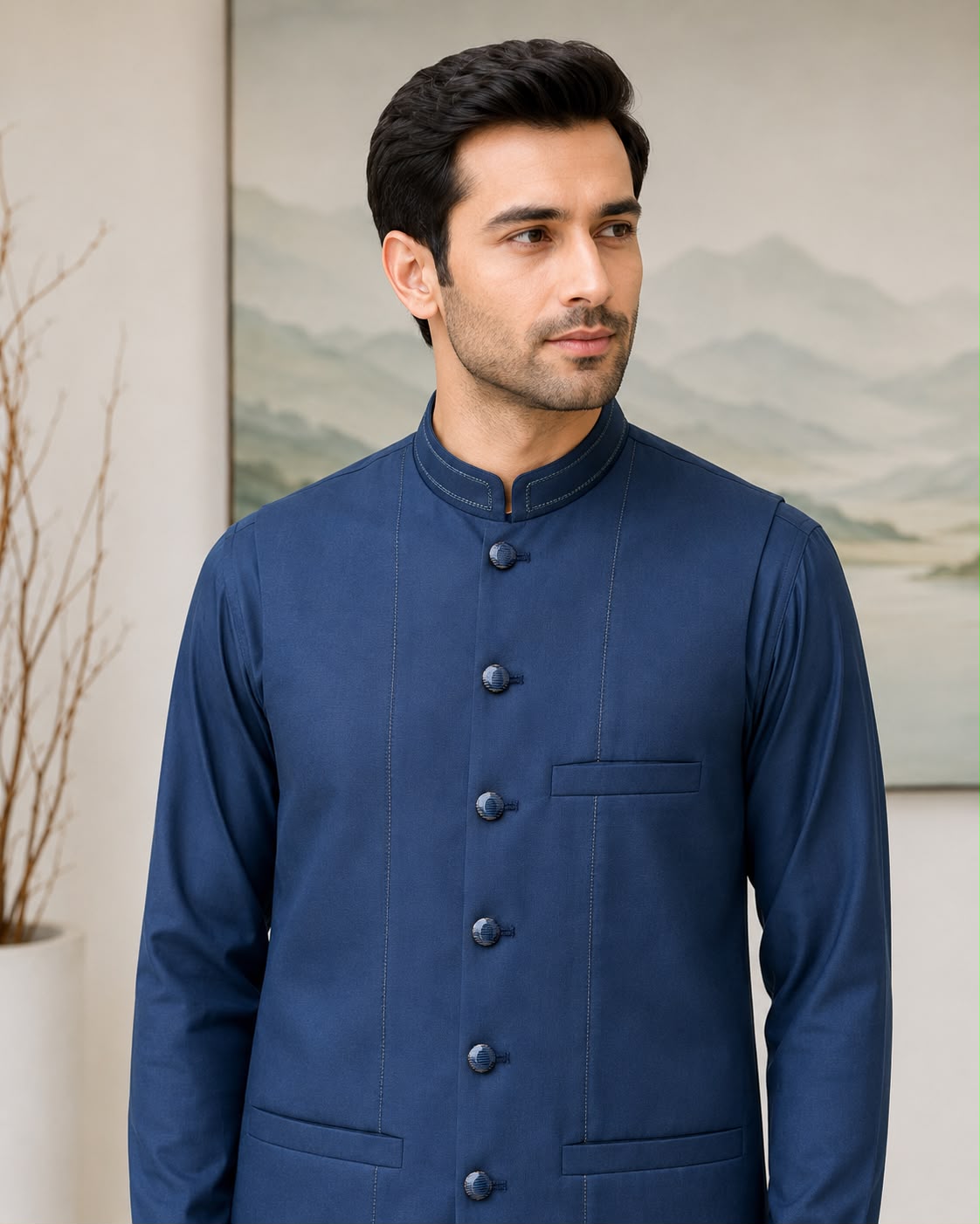 Royal Blue Kameez Shalwar with Waist Coat