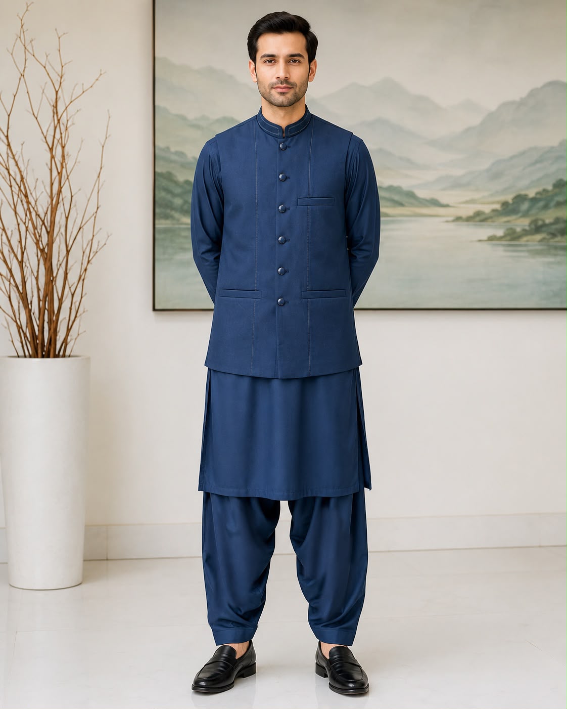Royal Blue Kameez Shalwar with Waist Coat