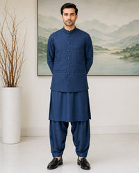 Royal Blue Kameez Shalwar with Waist Coat