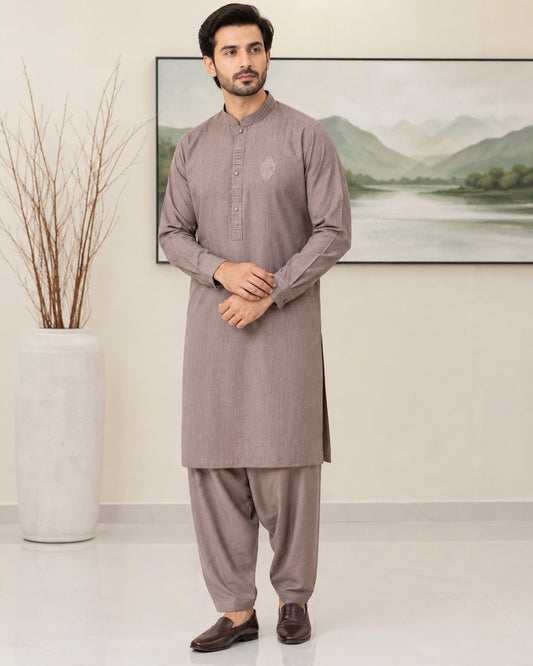 Brown Wash and Wear Kameez Shalwar