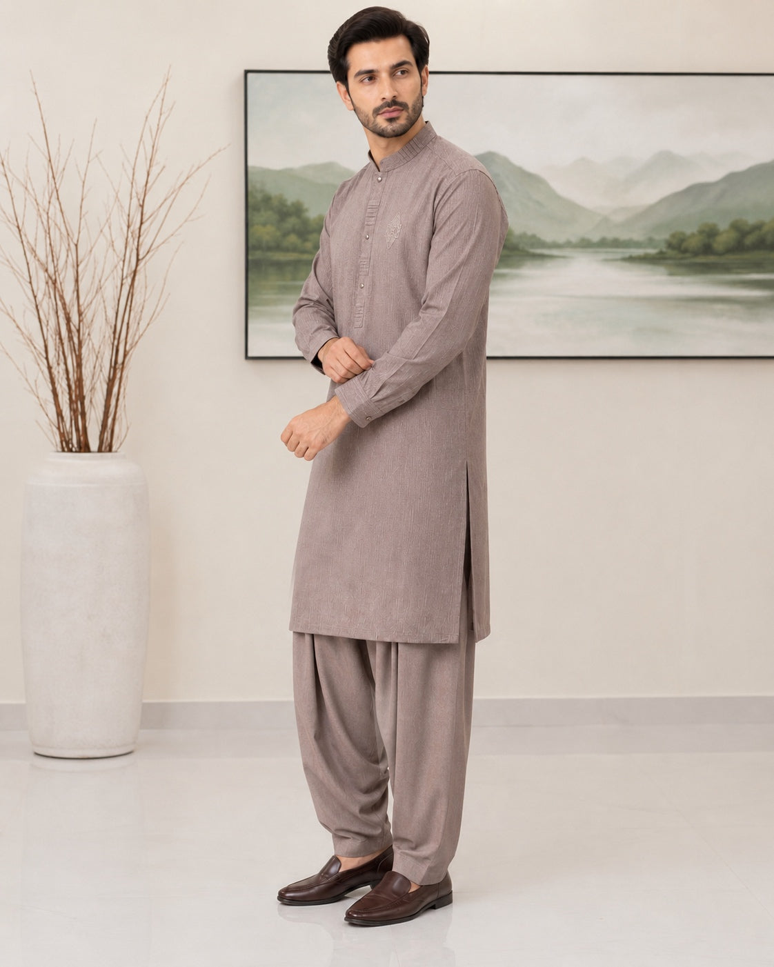 Brown Wash and Wear Kameez Shalwar