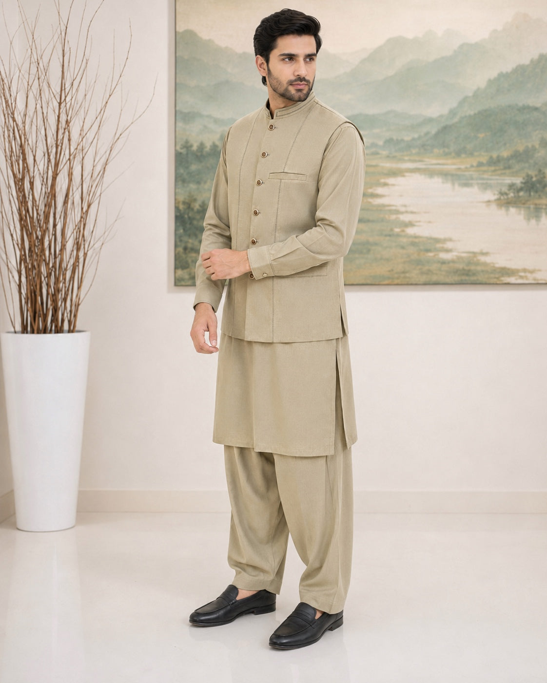 Beige Kameez Shalwar with Waist Coat