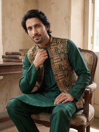Fancy Green Double Tone Kurta Pajama with Waistcoat