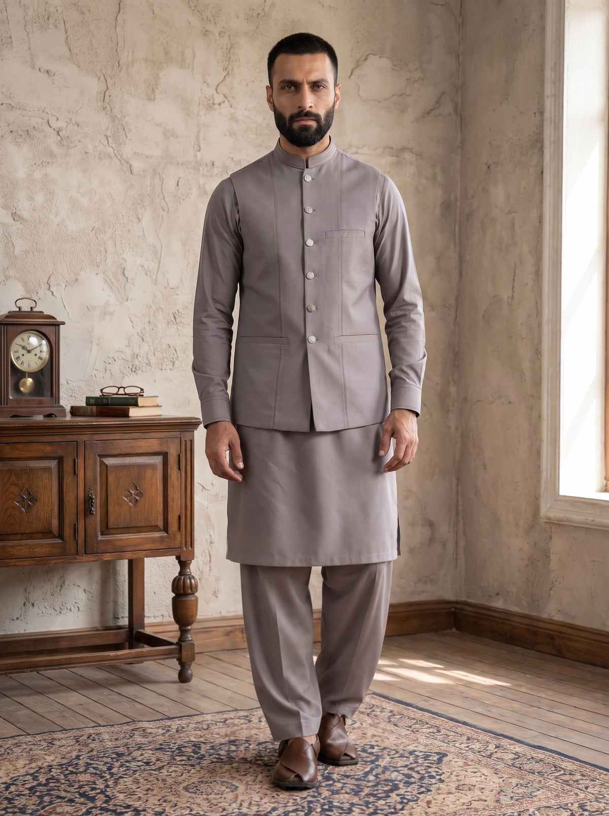 Light Grey Kameez Shalwar with Waist Coat