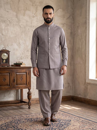 Light Grey Kameez Shalwar with Waist Coat