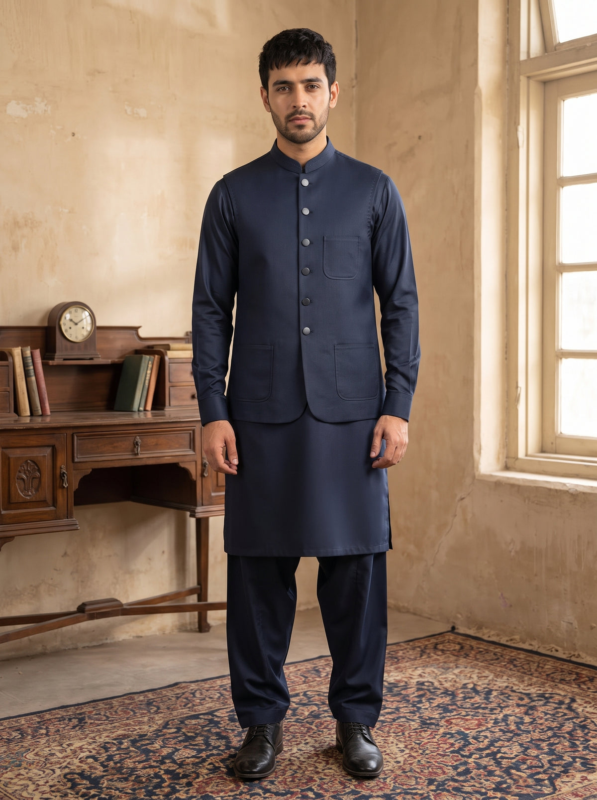 Deep Navy Blue Kameez Shalwar with Waist Coat