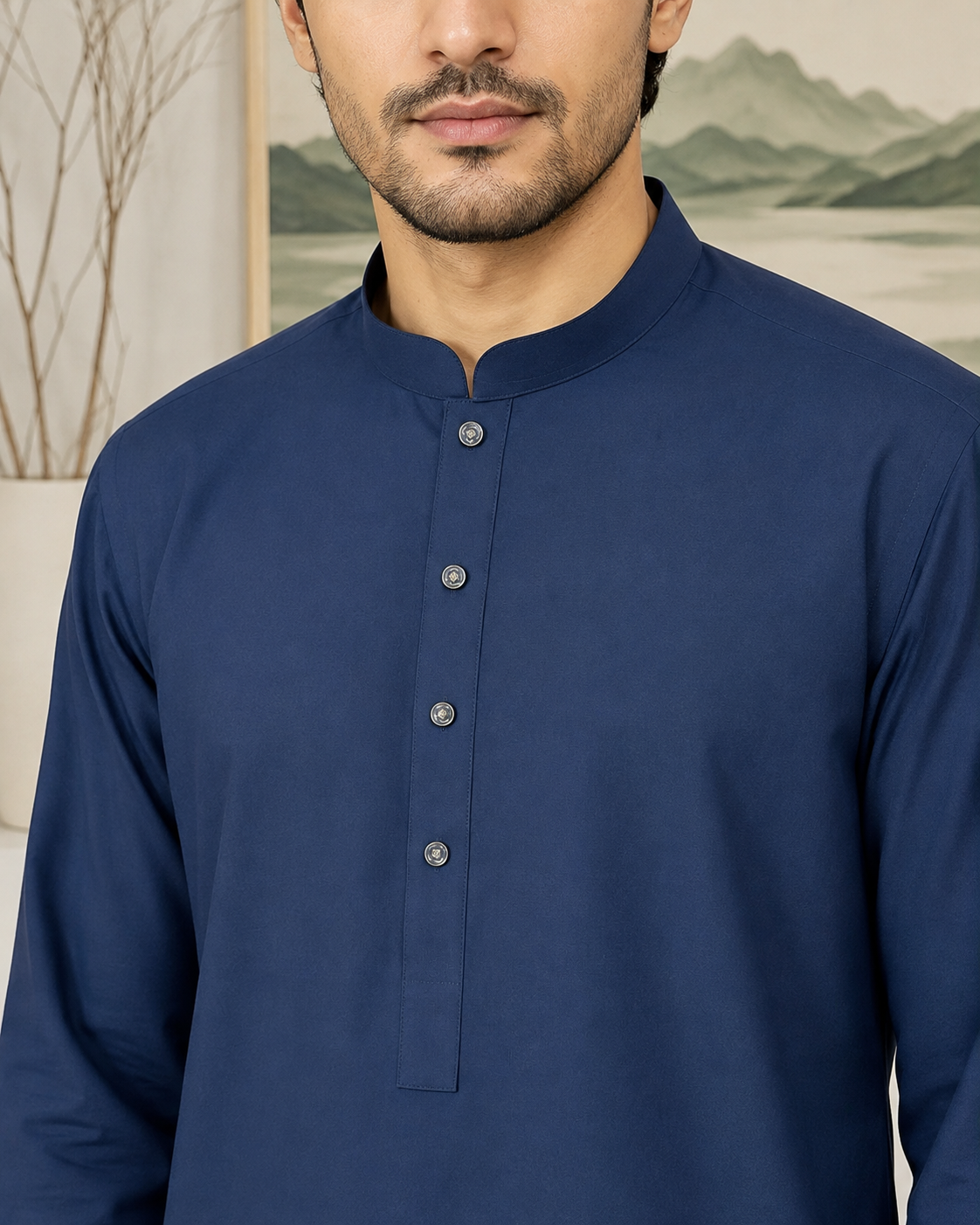 Navy Blue Plain Wash and Wear Kameez Shalwar