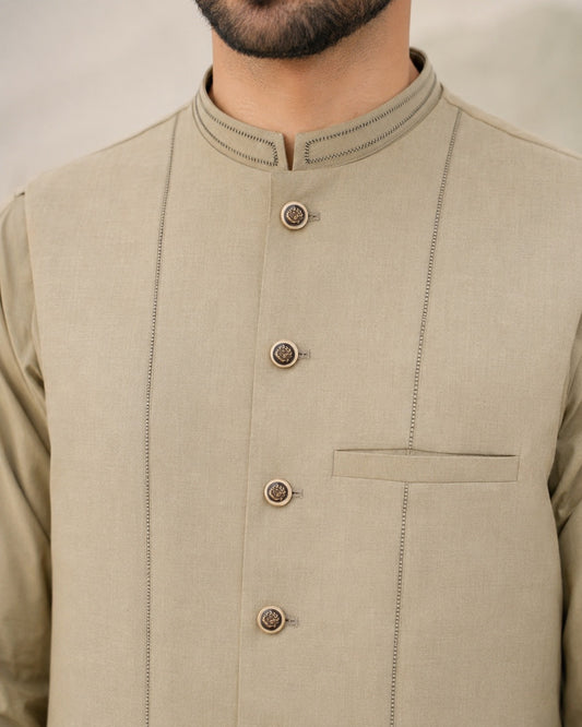 Beige Kameez Shalwar with Waist Coat