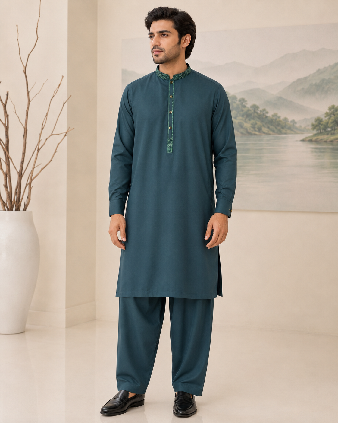 Deep Teal Wash and Wear Kameez Shalwar