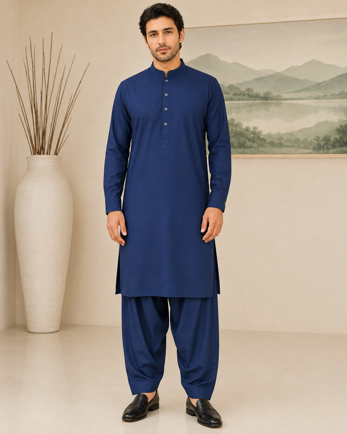 Navy Blue Plain Wash and Wear Kameez Shalwar