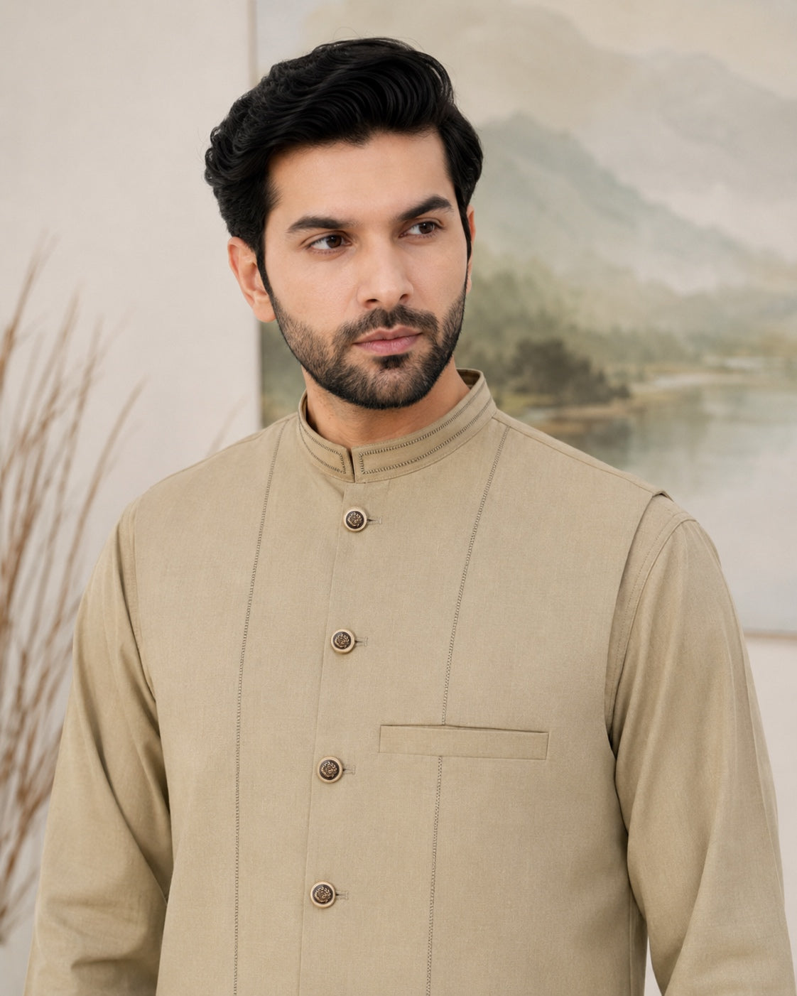 Beige Kameez Shalwar with Waist Coat