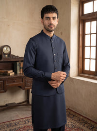 Deep Navy Blue Kameez Shalwar with Waist Coat