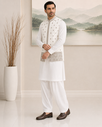 White Kameez Shalwar with Waist Coat