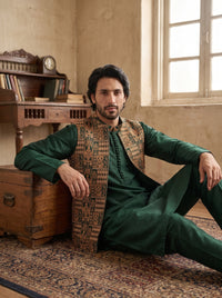 Fancy Green Double Tone Kurta Pajama with Waistcoat