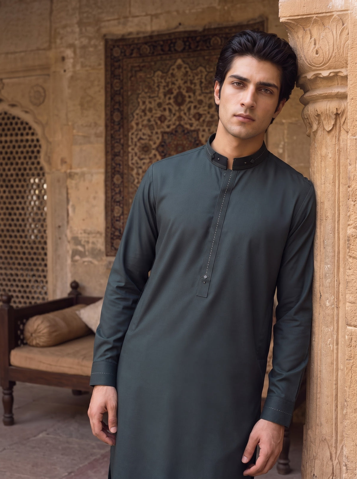 Charcoal Teal Wash and Wear Kameez Shalwar
