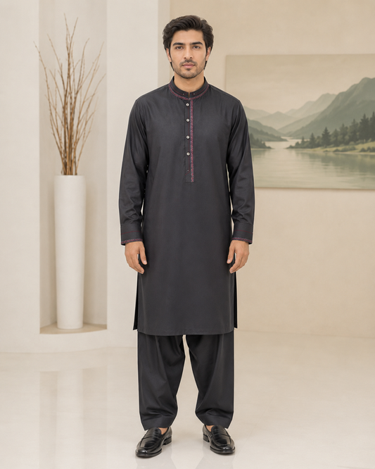 Black Wash and Wear Kameez Shalwar
