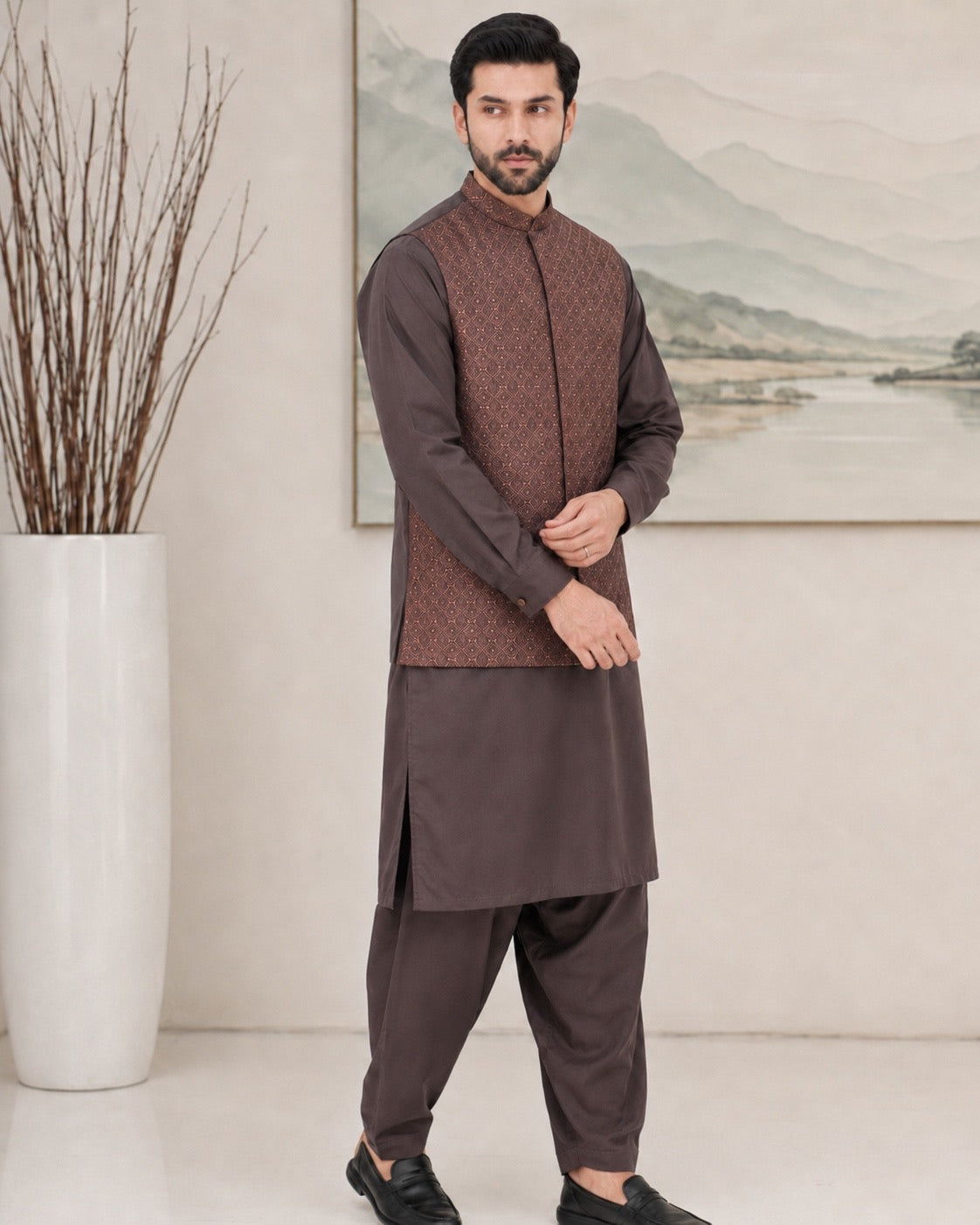 Rust Kameez Shalwar with Waist Coat