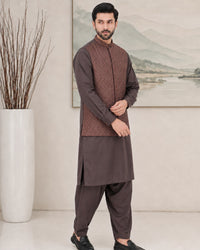 Rust Kameez Shalwar with Waist Coat