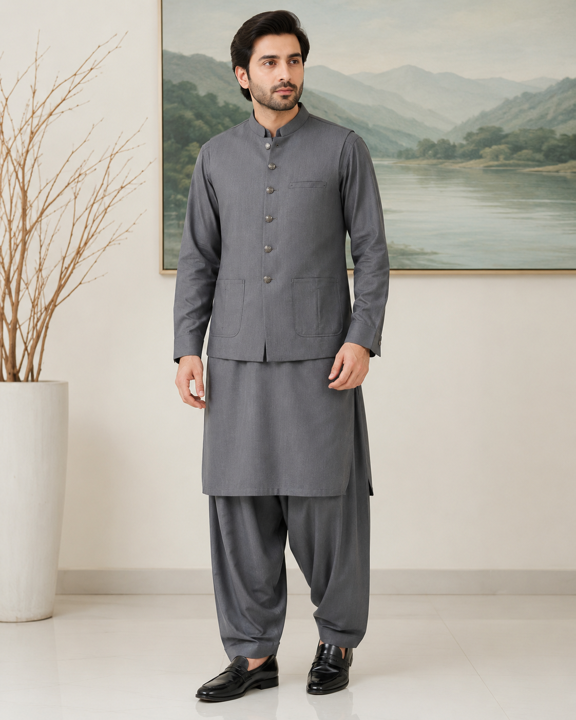 Grey Kameez Shalwar with Waist Coat