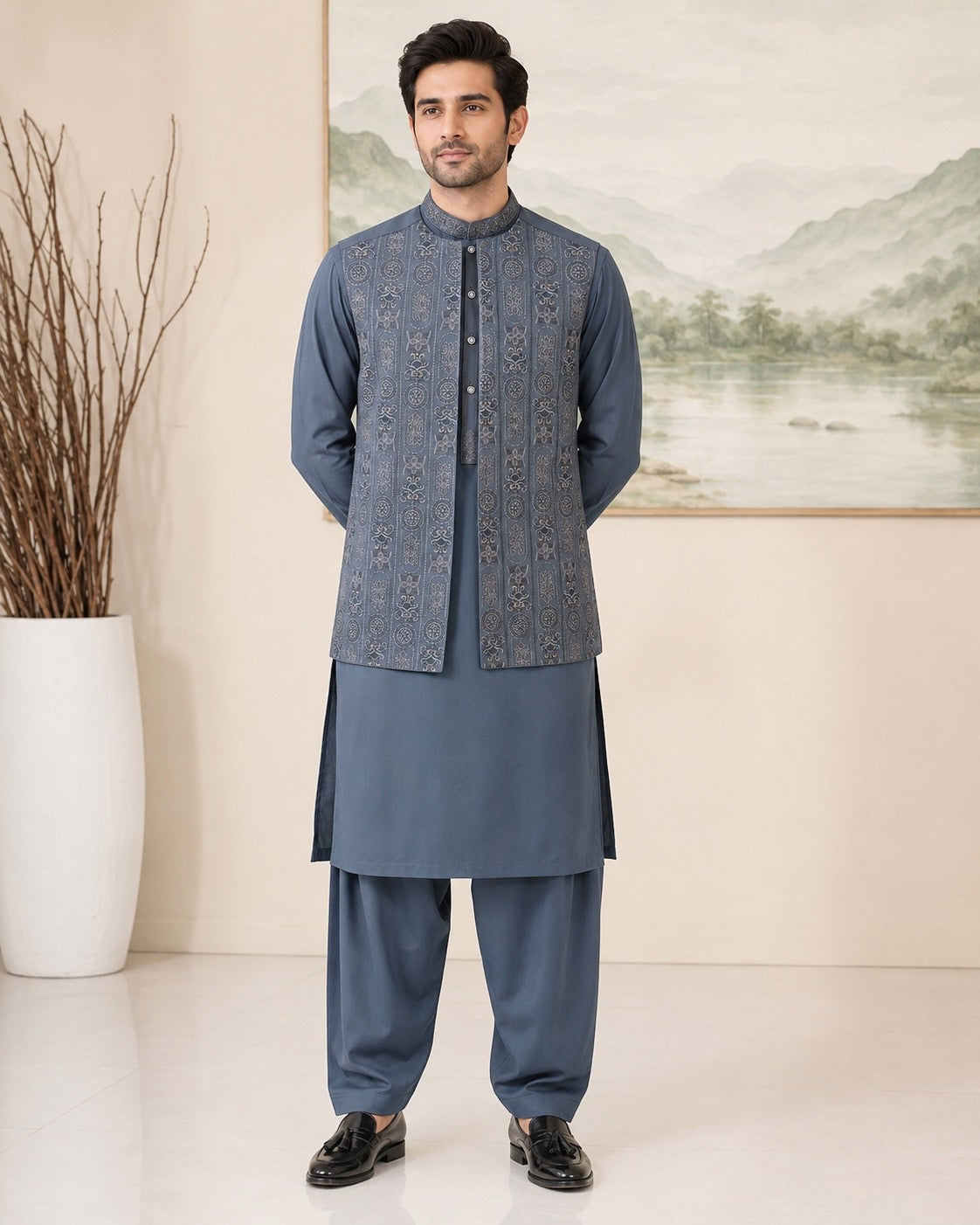 Ash Blue Kameez Shalwar with Waist Coat