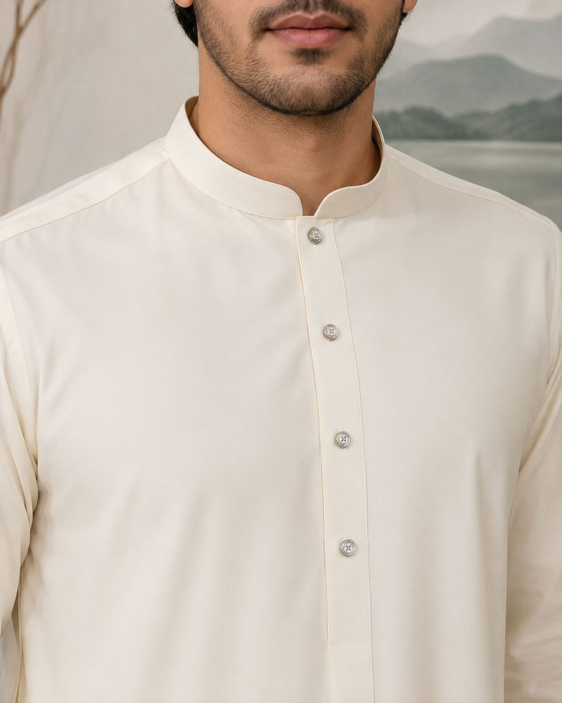 Cream Plain Wash and Wear Kameez Shalwar