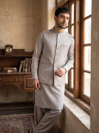 Sandstone Grey Kameez Shalwar with Waist Coat