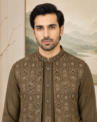 Olive Brown Kameez Shalwar with Waist Coat