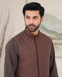 Rust Kameez Shalwar with Waist Coat