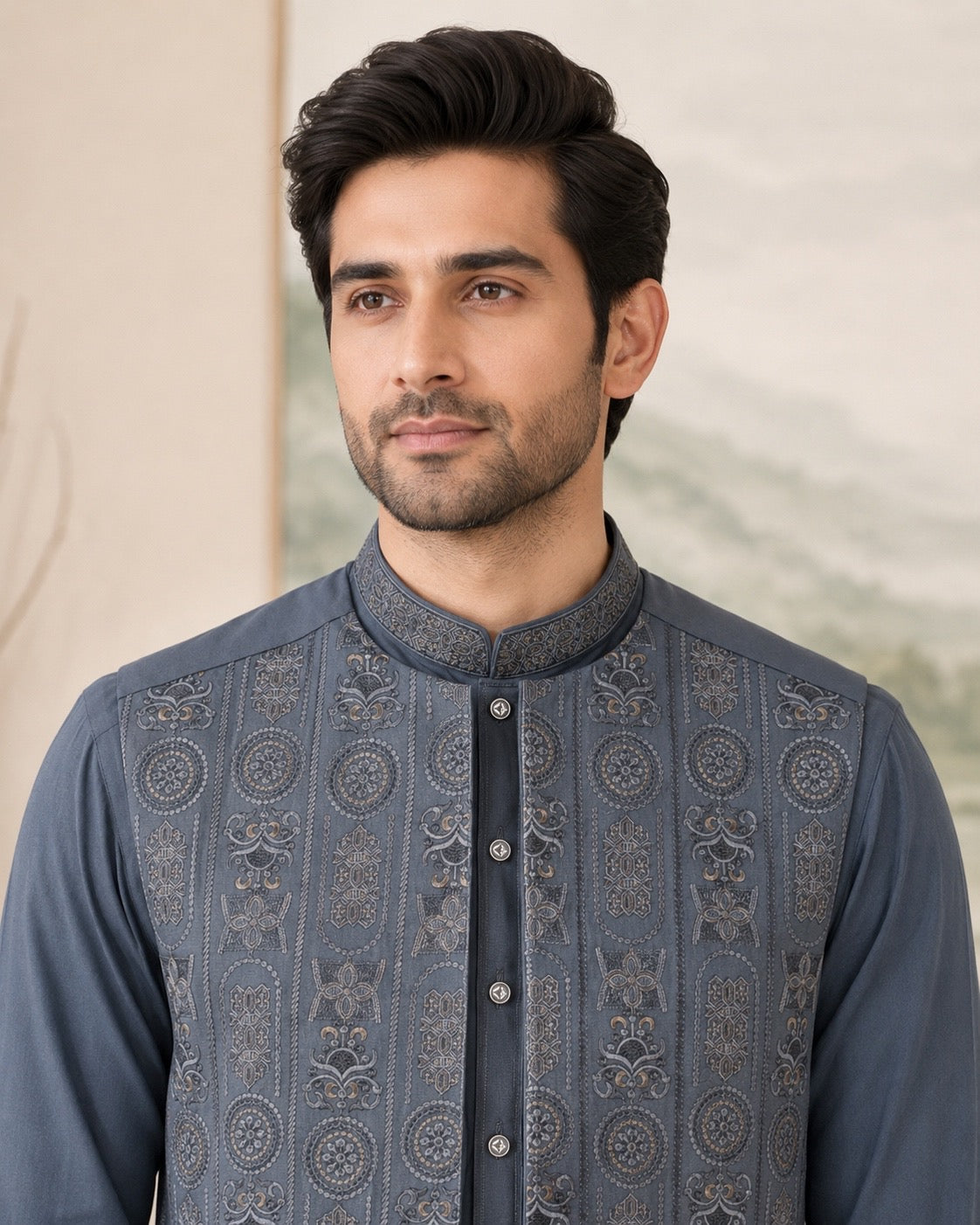 Ash Blue Kameez Shalwar with Waist Coat