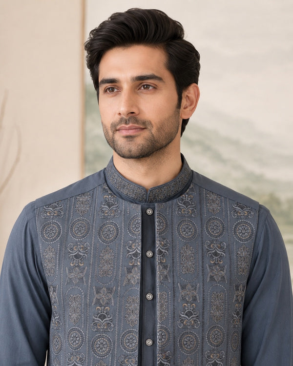 Ash Blue Kameez Shalwar with Waist Coat