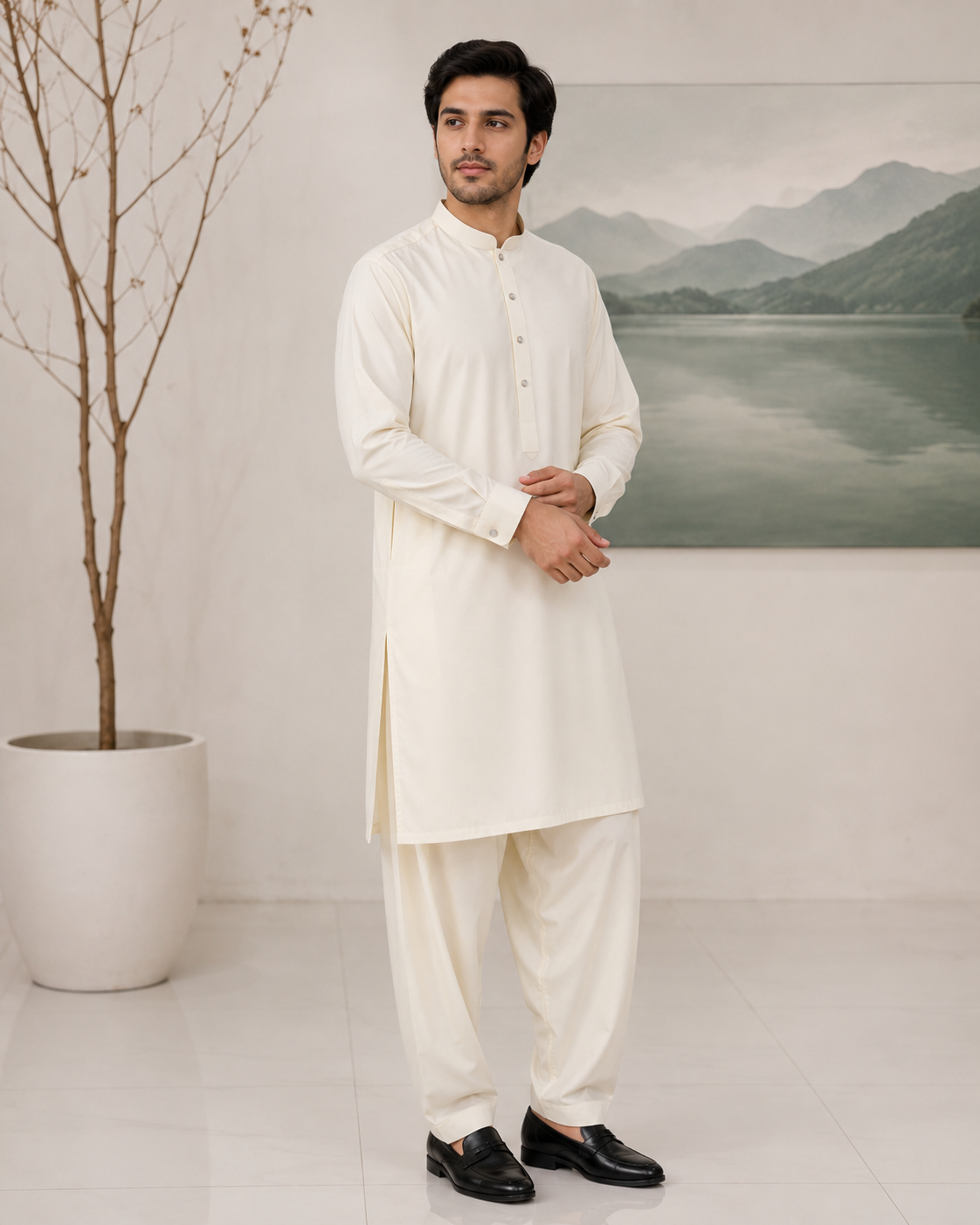 Cream Plain Wash and Wear Kameez Shalwar
