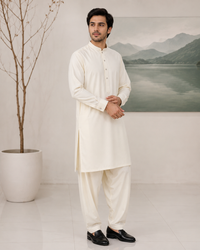 Cream Plain Wash and Wear Kameez Shalwar