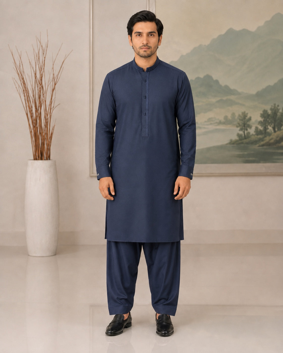 Navy Blue Wash and Wear Kameez Shalwar