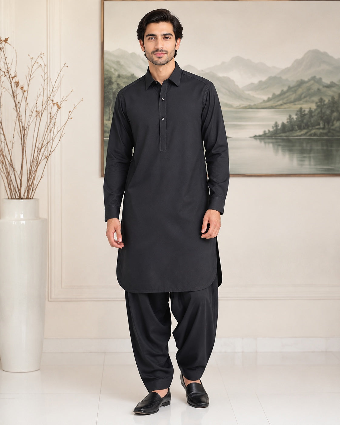 Black Wash and Wear Kameez Shalwar