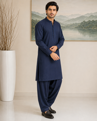 Navy Blue Wash and Wear Kameez Shalwar