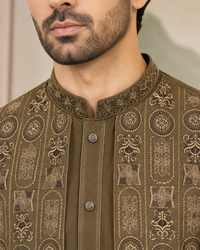 Olive Brown Kameez Shalwar with Waist Coat
