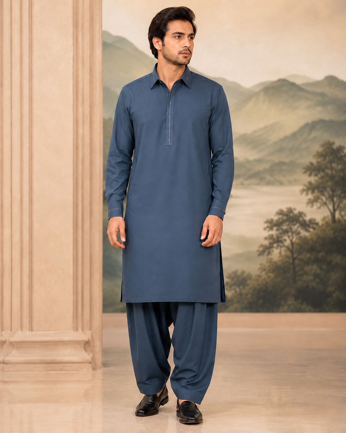 Steel Blue Wash and Wear Kameez Shalwar