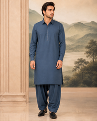 Steel Blue Wash and Wear Kameez Shalwar