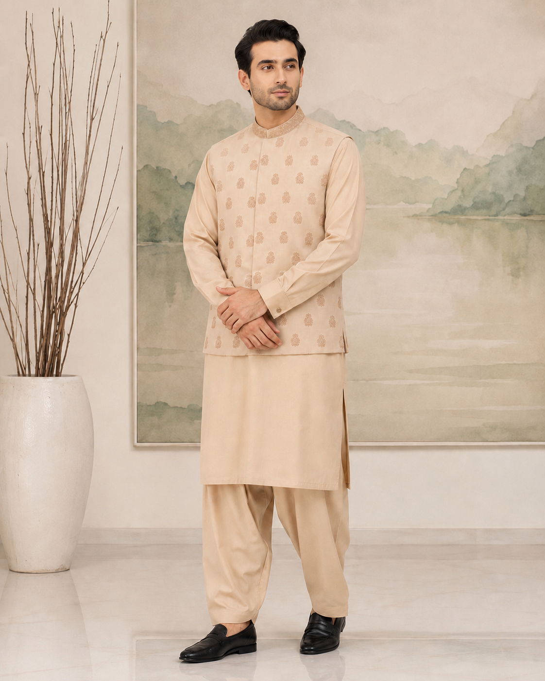 Beige Kameez Shalwar with Waist Coat