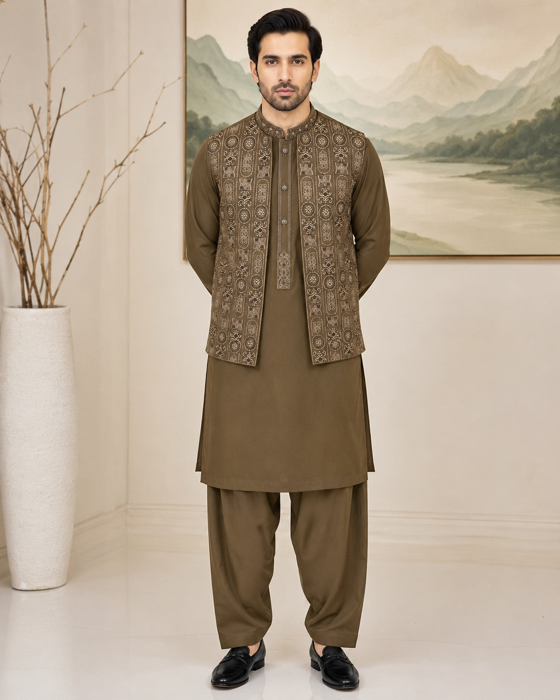 Olive Brown Kameez Shalwar with Waist Coat