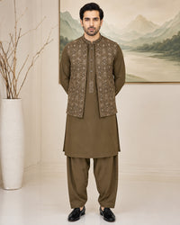 Olive Brown Kameez Shalwar with Waist Coat