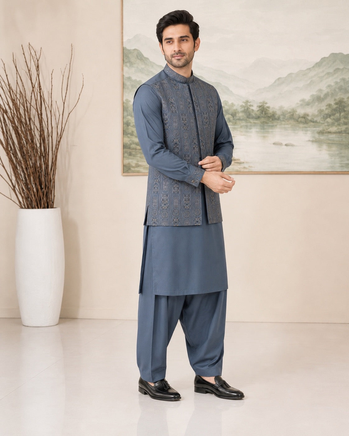 Ash Blue Kameez Shalwar with Waist Coat