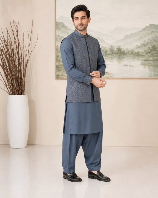 Ash Blue Kameez Shalwar with Waist Coat